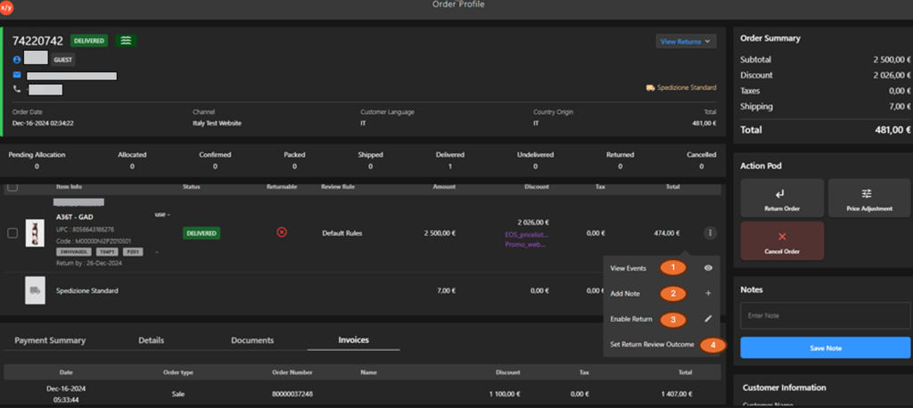 Order Item Actions Menu